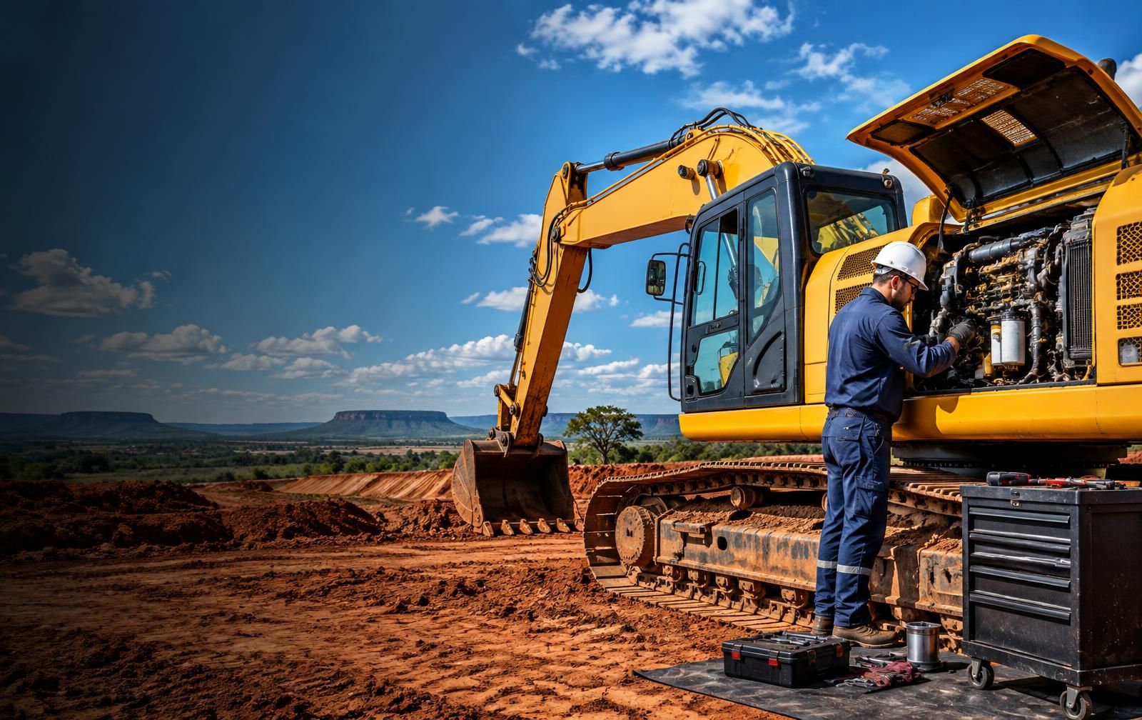 Técnico atendendo uma escavadeira no canteiro de obras